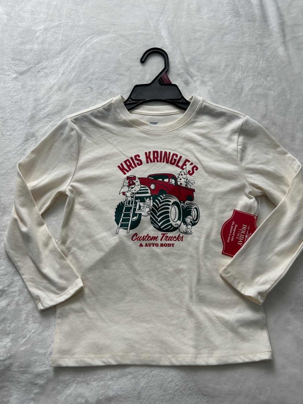 Holiday Time Cream Long-Sleeve Tee with Red & Green Truck Graphic